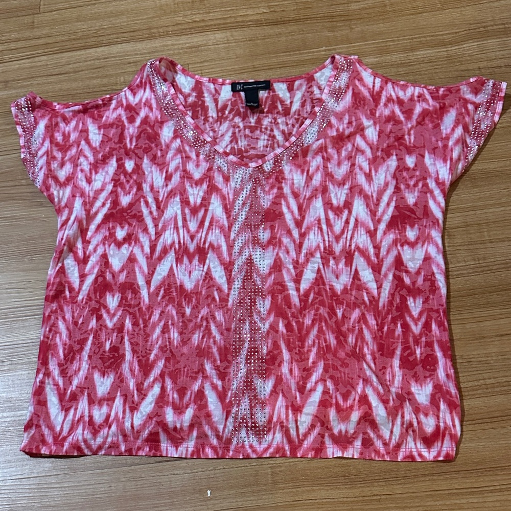 INC International concepts pink and White Patterned Short Sleeve Top
